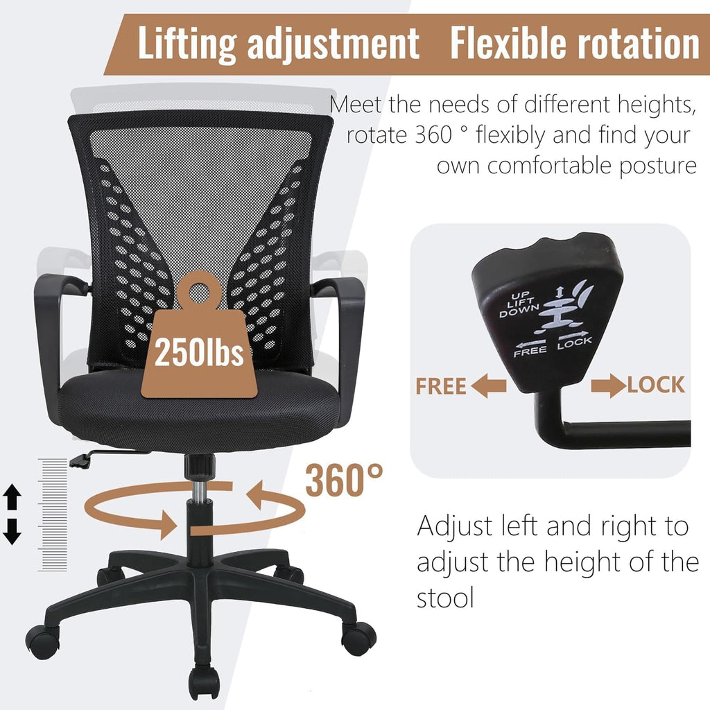 Home Office Chair Mid Back PC Swivel Lumbar Support Adjustable Desk