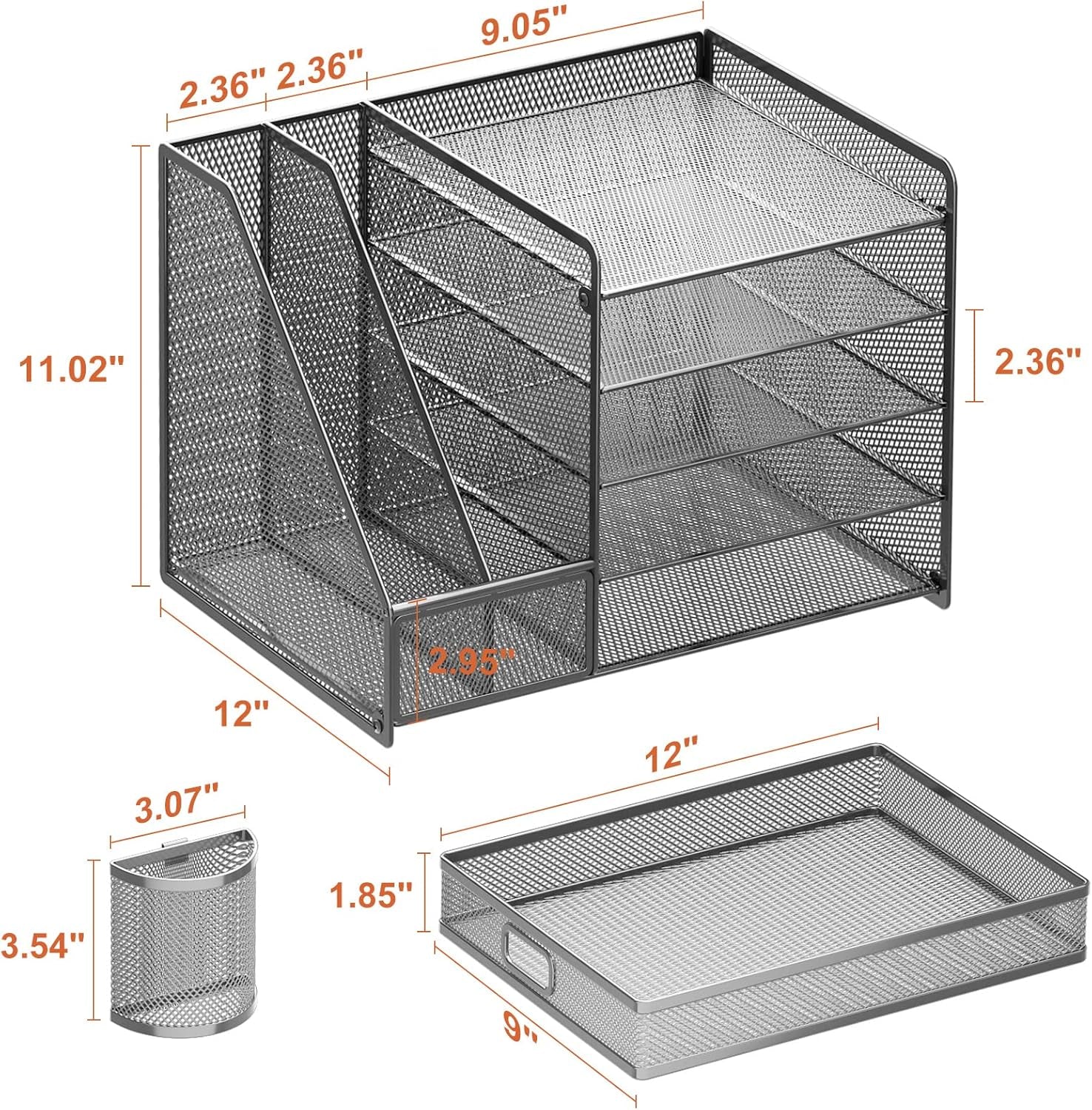 Grey 5-Tier Mesh Desk Organizer with Drawer