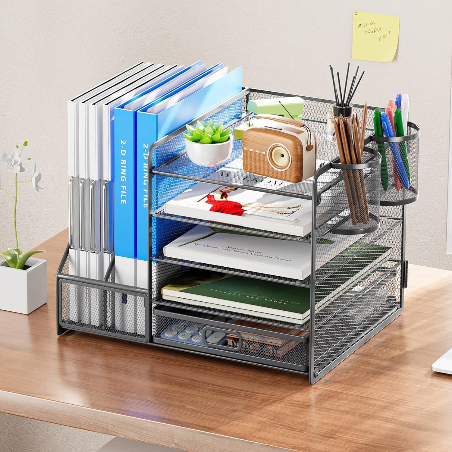 Grey 5-Tier Mesh Desk Organizer with Drawer