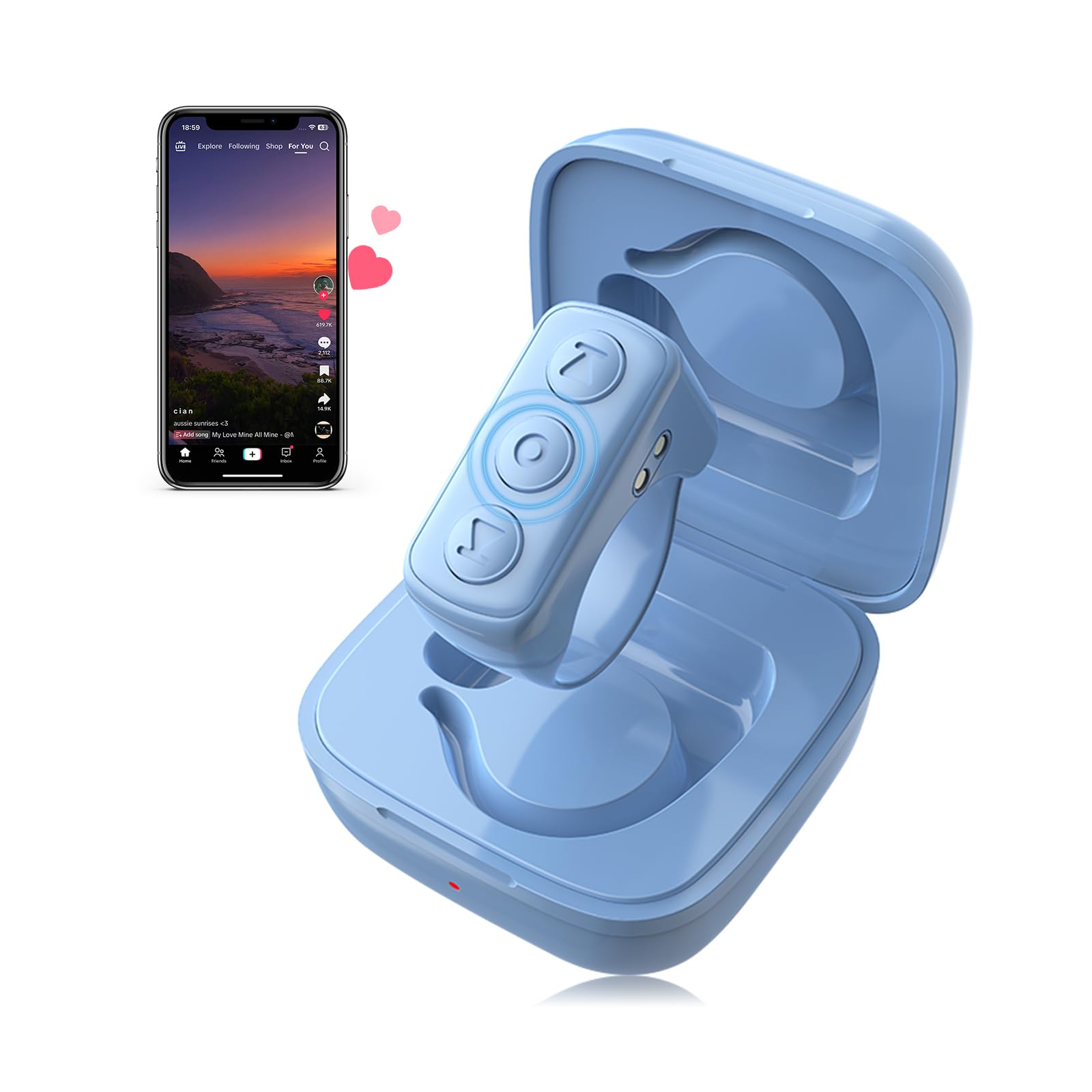 Blue wireless earbuds in charging case with smartphone displaying music app on white background