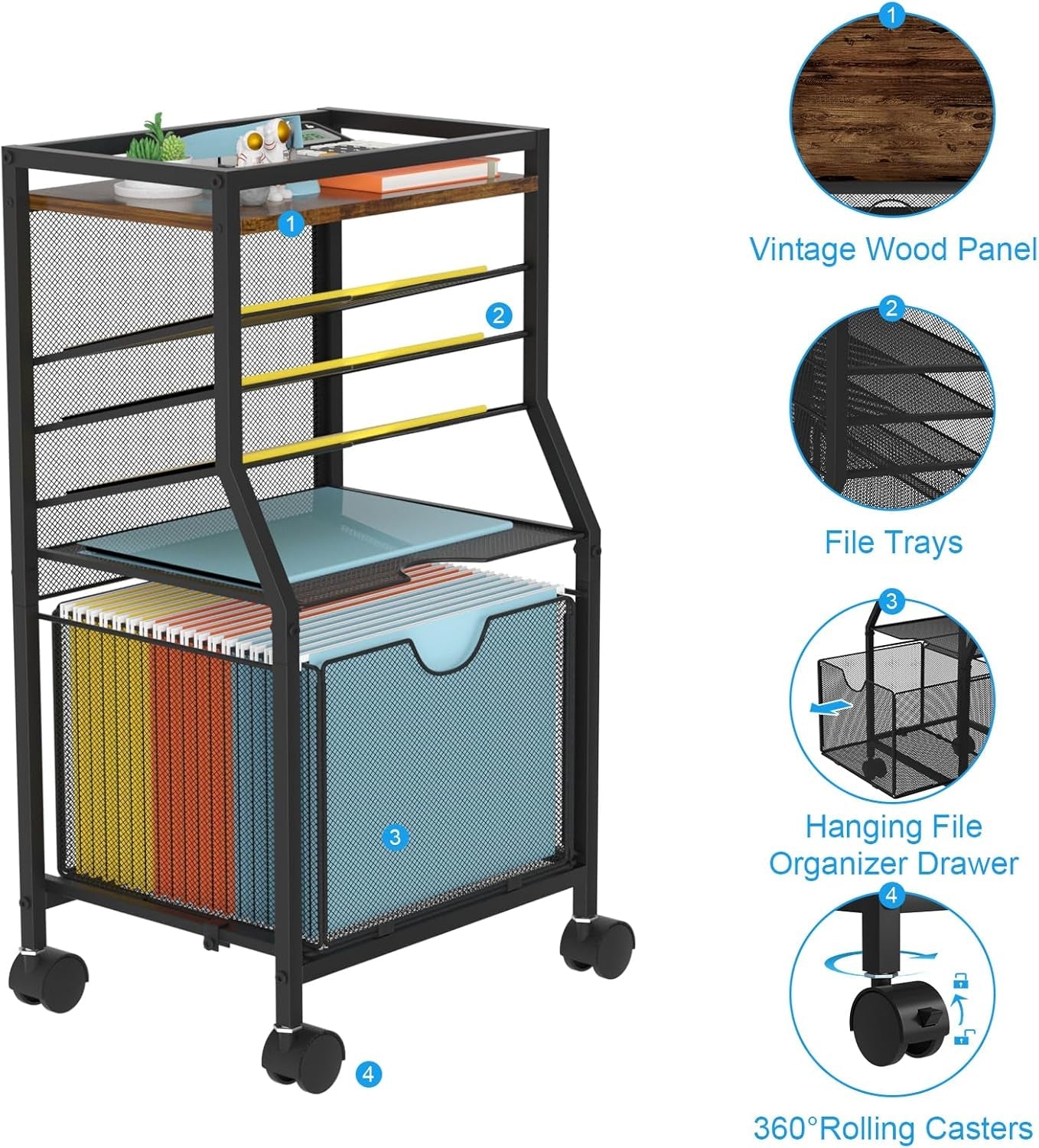 Rolling File Cart,  Desk Organizer on Lockable Wheels